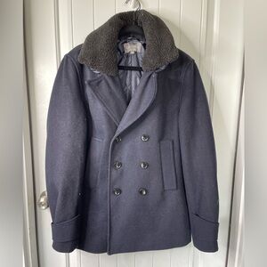 Slate and Stone double breasted faux shearling collar blue navy wool coat medium